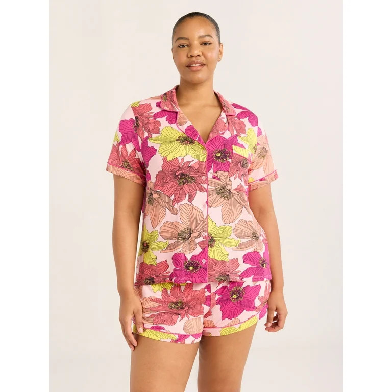 Joyspun Women’s Notch Collar Top and Shorts Pajama Set with Piping, 2-Piece, Sizes XS-3X | Walmart (US)