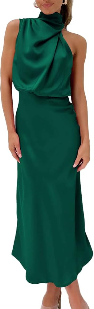 Hatant Satin Maxi Dress for Women Silk Wedding Guest Dress Maxi Dress Sleeveless Elegant Halter N... | Amazon (US)