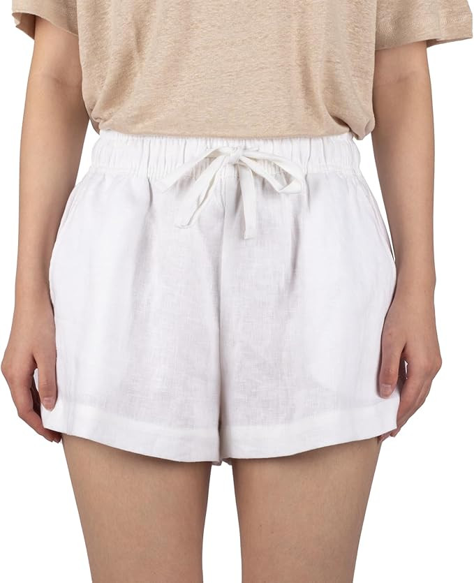 100% Linen Shorts for Women Casual High Waisted Elastic Waistband Beach Lounge Shorts | Amazon (US)