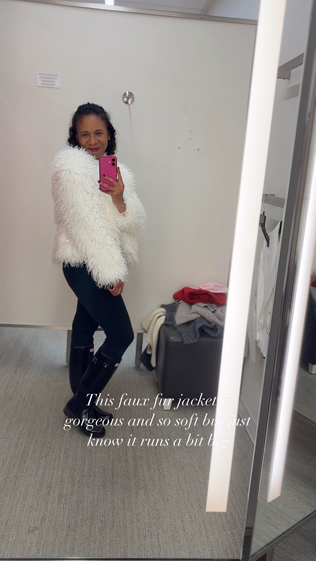 Holiday try-on! 🤍
Wearing the Open Edit Shaggy Faux Fur Open Front Jacket in Ivory (XS). It’s incredibly soft and so fun for the season — definitely gives that cozy glam moment!

Fit notes:
• Runs a little big in the shoulders
• It did shed on my black top, so keep that in mind when styling

Sharing it anyway because it’s gorgeous and great for dressy holiday looks. All pieces linked below! ✨ 

#LTKHoliday #LTKGiftGuide #LTKSeasonal
