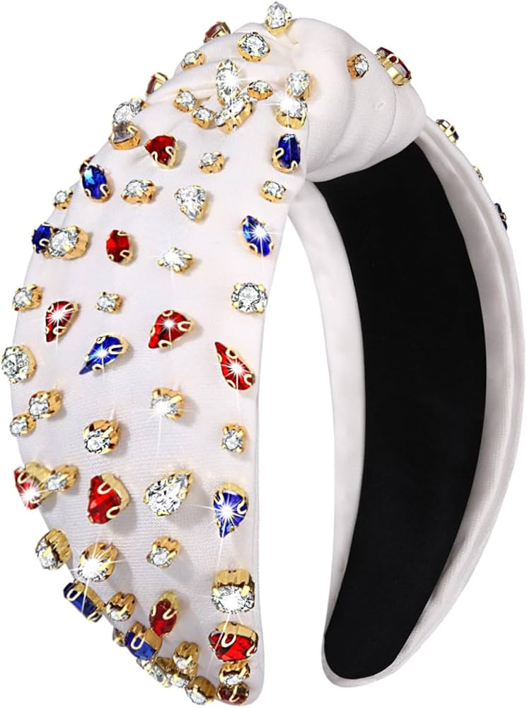 NVENF 4th of July Headbands Crystal Knotted Headbands for Women, Beaded Jeweled Headbands, Wide T... | Amazon (US)