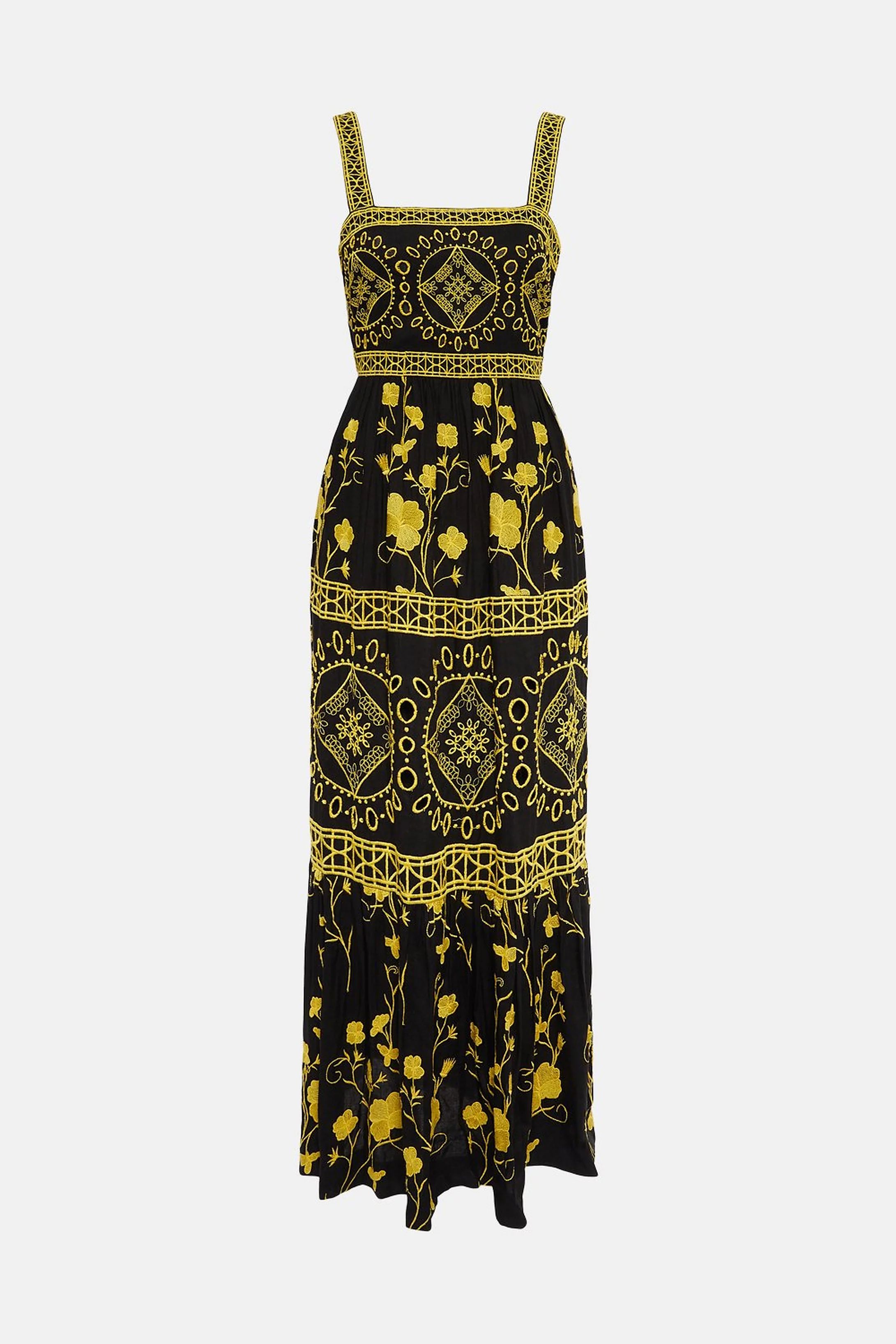Tile Embroidered Low BackWoven Maxi Dress | Karen Millen UK & IE
