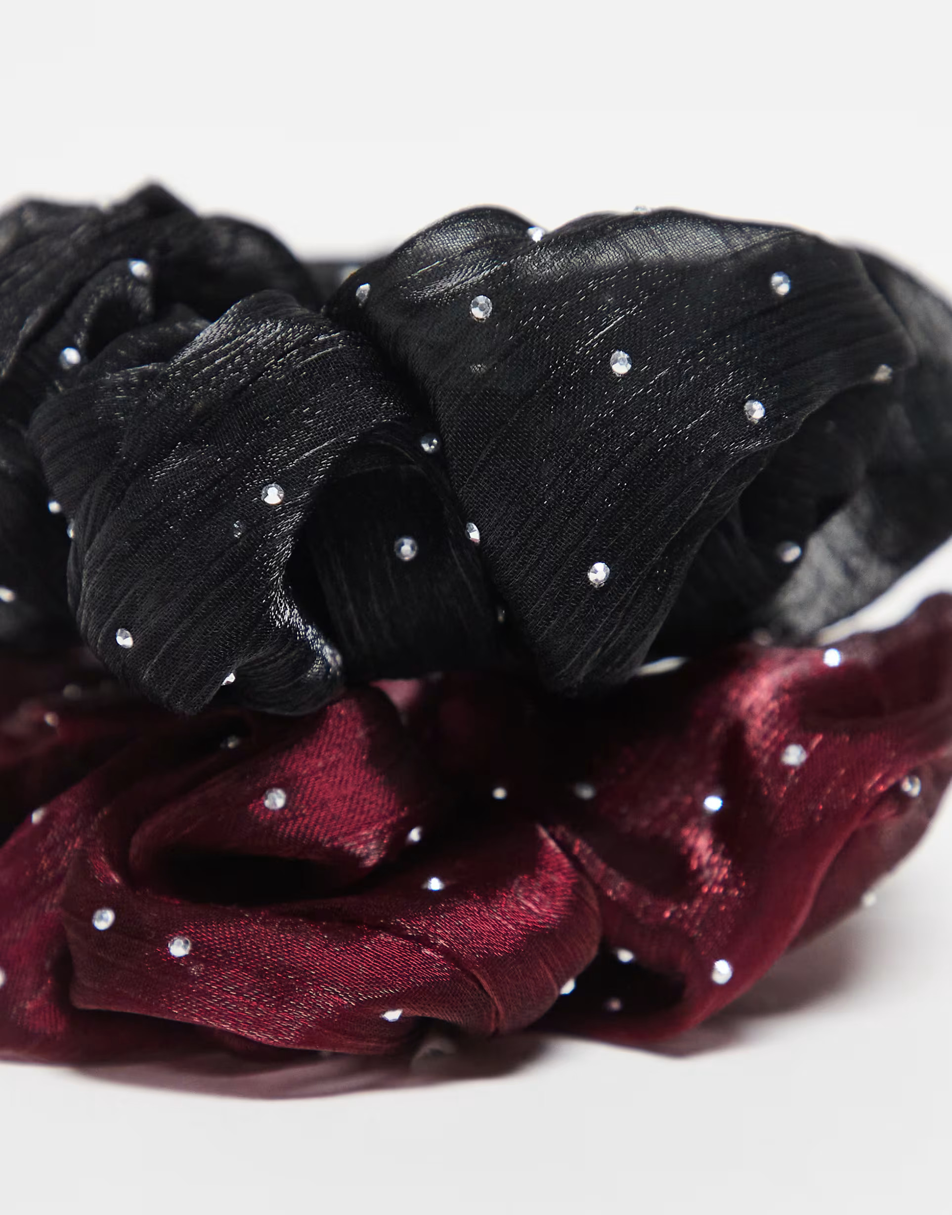 ONLY 2-pack rhinestone scrunchies in black & burgundy | ASOS (Global)