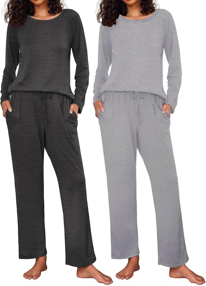 Ekouaer 2 Pack Womens Pajama Sets Long Sleeve Pjs Lounge Set Soft Comfy Sleepwear Winter Loungewe... | Amazon (US)