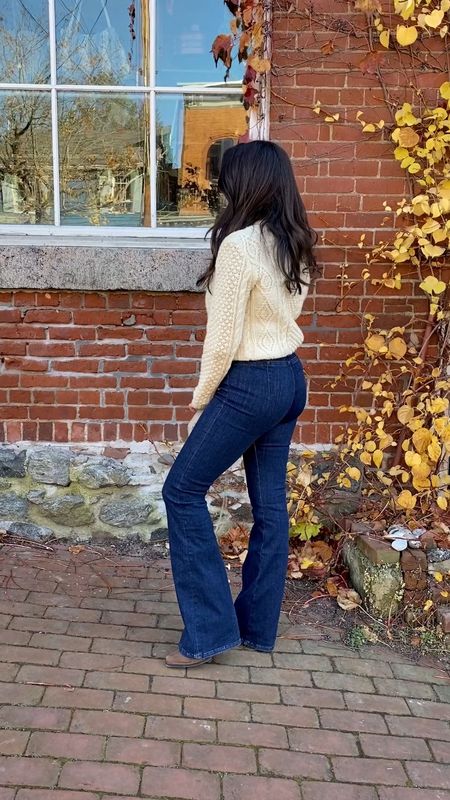 Fisherman knit sweater and flare jeans for a casual fall outfit idea! Would look so cute on thanksgiving, plus these jeans are super stretchy!! 

#LTKSeasonal #LTKstyletip #LTKHoliday