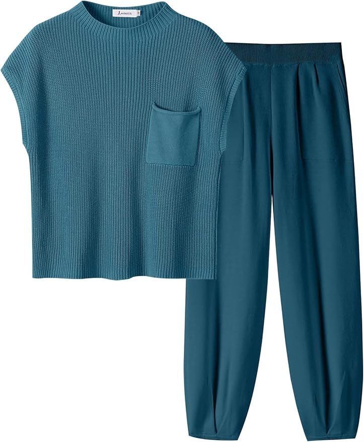 ANRABESS Women's Two Piece Outfits Knit Sweater Vest Crop Top Pants Lounge Matching Tracksuit Swe... | Amazon (US)