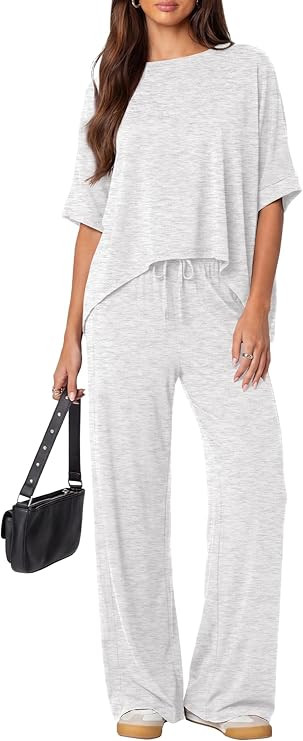 Darong Women's 2 Piece Outfits Matching Lounge Sets Short Sleeve Pullover Tops High Waisted Wide ... | Amazon (US)