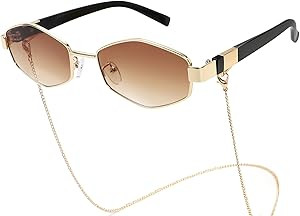 Trendy Hexagon Sunglasses For Women Retro Designer Metal Classic Shades Sun Glasses with Chain | Amazon (US)