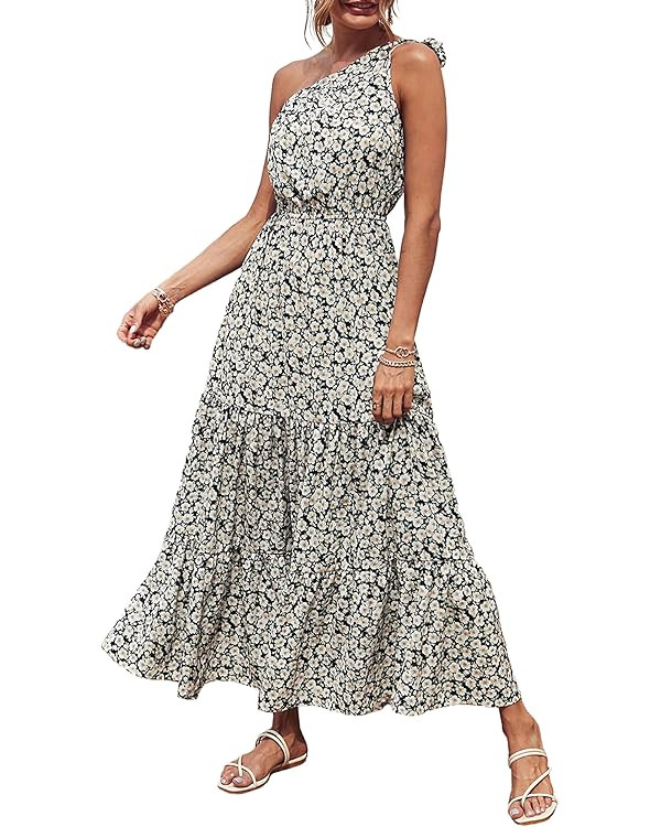 PRETTYGARDEN Women's Floral Maxi Dress 2024 Knot One Shoulder Sleeveless Ruffle Hem Flowy Boho Dr... | Amazon (US)