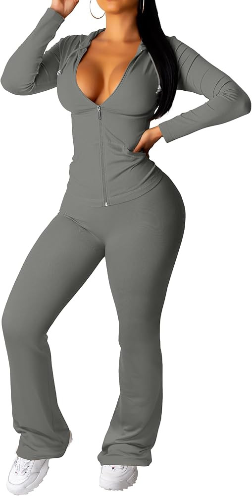 PINSV Women 2 Piece Outfits Workout Bodycon Tracksuit Long Sleeve Zip Up Hoodie Jacket Matching F... | Amazon (US)