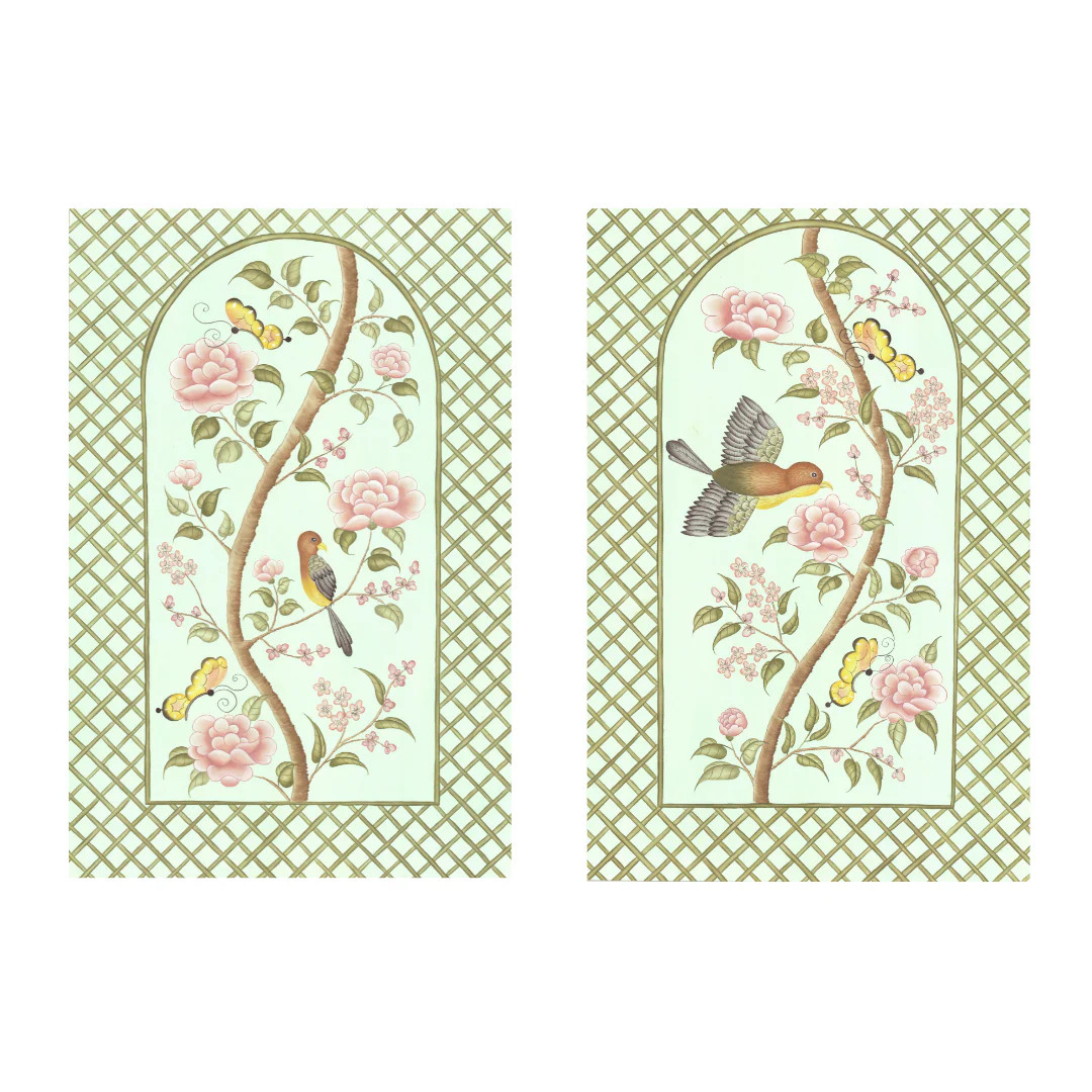 Original Chinoiserie Panels on Silk | Le Jardin De Elizabeth, Set of 2 | Over The Moon
