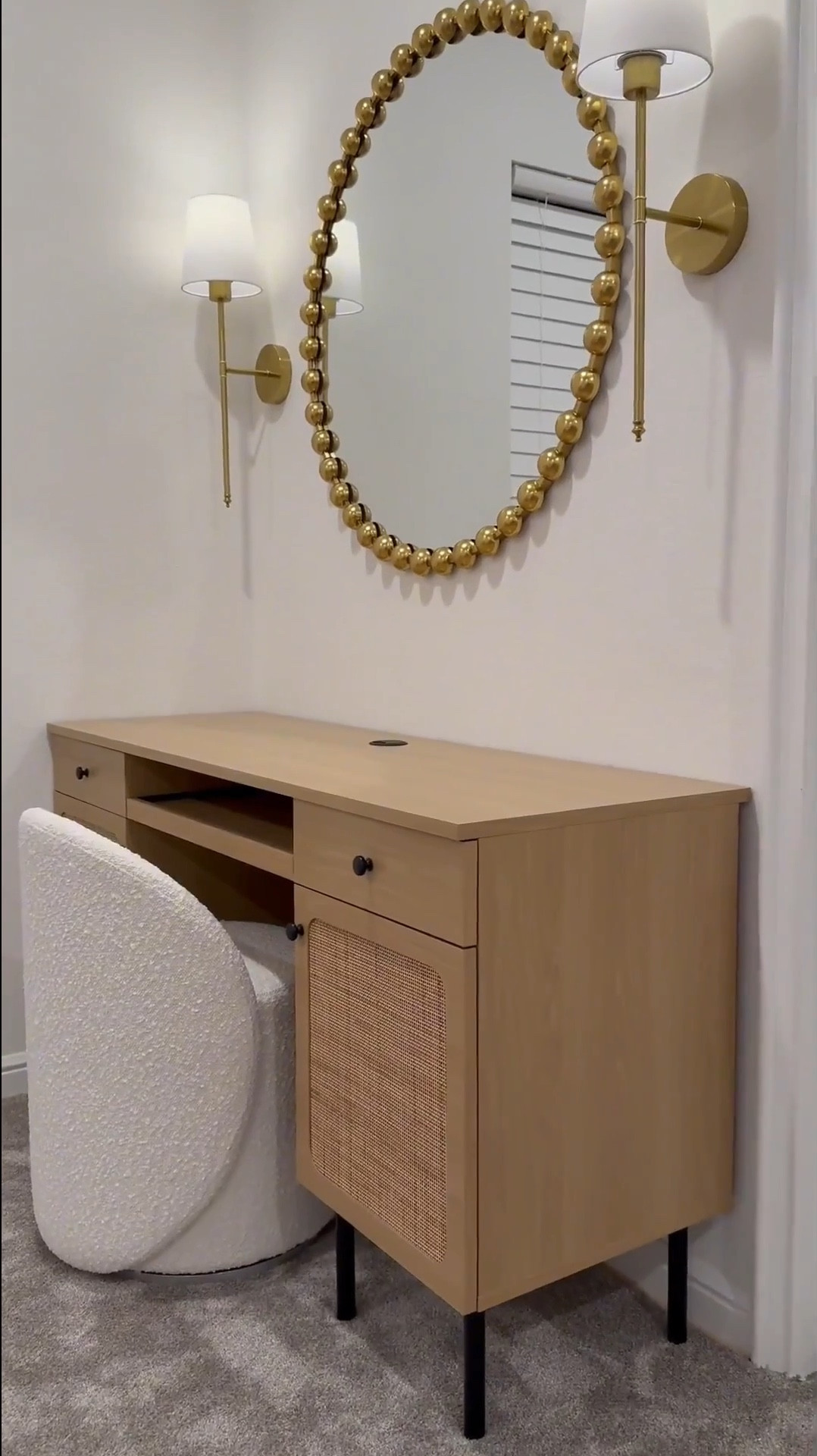 We found it! 😊 - The perfect desk  for smaller spaces….🤎 

It measures 55.5 inches in width & the wall is 57 inches. The mirror is 36x36 inches & the sconces are battery operated making them convenient to place anywhere! 🎉 …. Excited to share the rest of the room as we put it together 😊

#LTKStyleTip #LTKSaleAlert #LTKHome