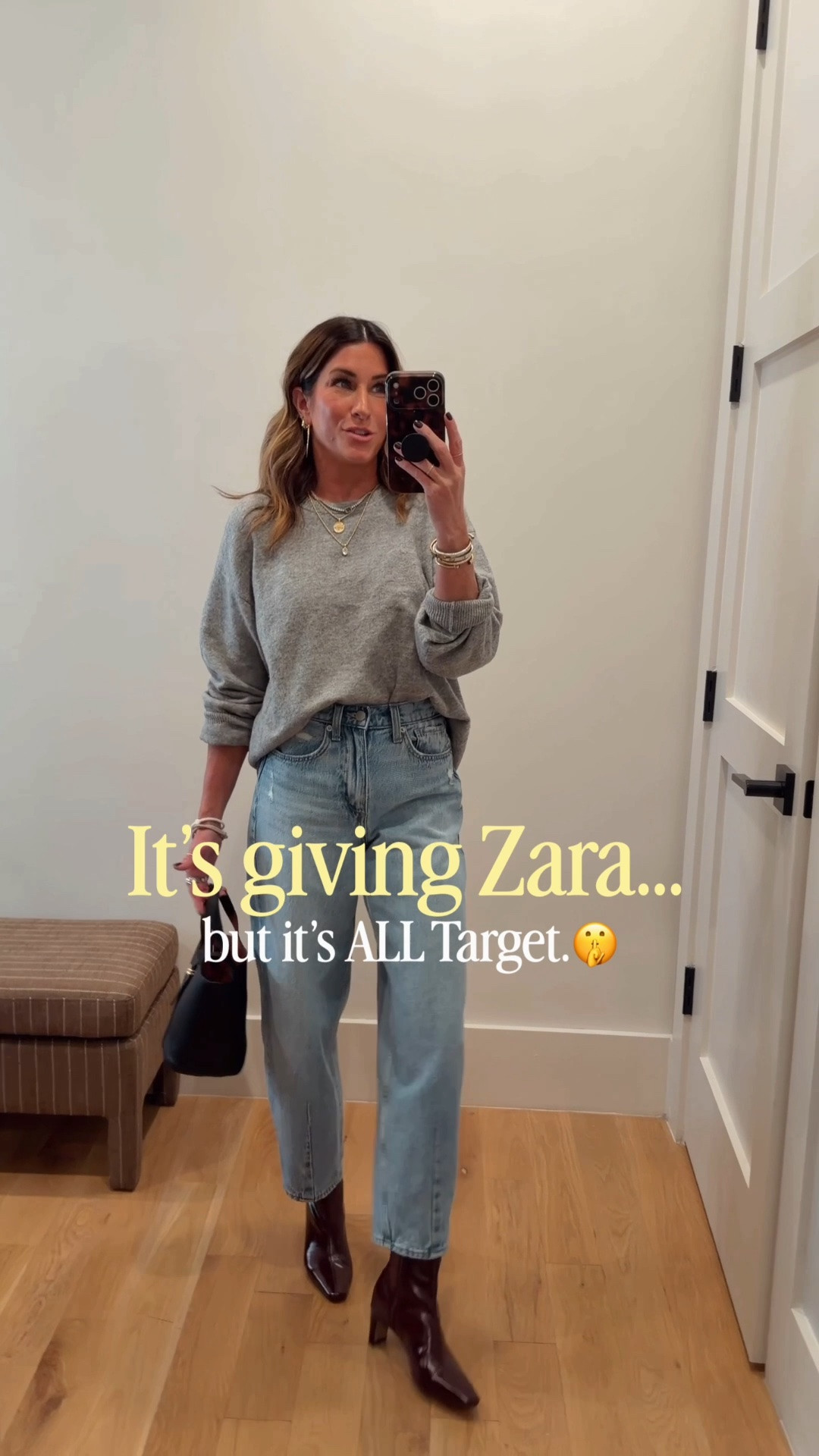 Target, but looks like Zara!😍 
I did a size small in this sweater. 
Easy fall outift idea that’s elevated and so cute. And these boots are GORGEOUS!