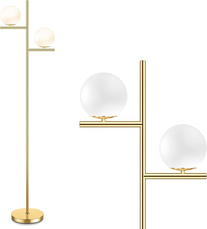 Mid Century Floor Lamp - 2 Globe Modern Standing Lamp with Foot Pedal, Frosted Glass Stand Up Lig... | Amazon (US)