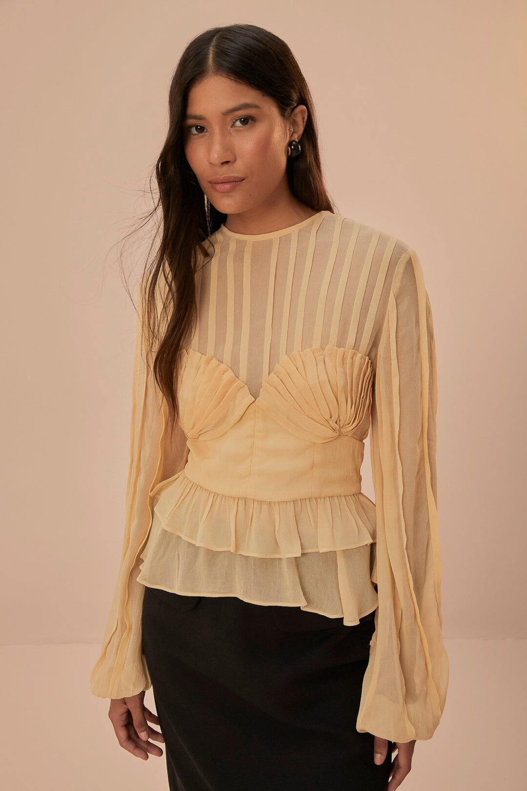 Beige Pleated Bust Blouse | FarmRio (US)