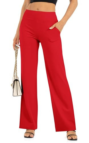 Wide Leg Pants for Women with Pockets Yoga Pants High Waisted Loose Palazzo Casual Lounge Sweatpants 29"/31"/33" Red | Amazon (US)