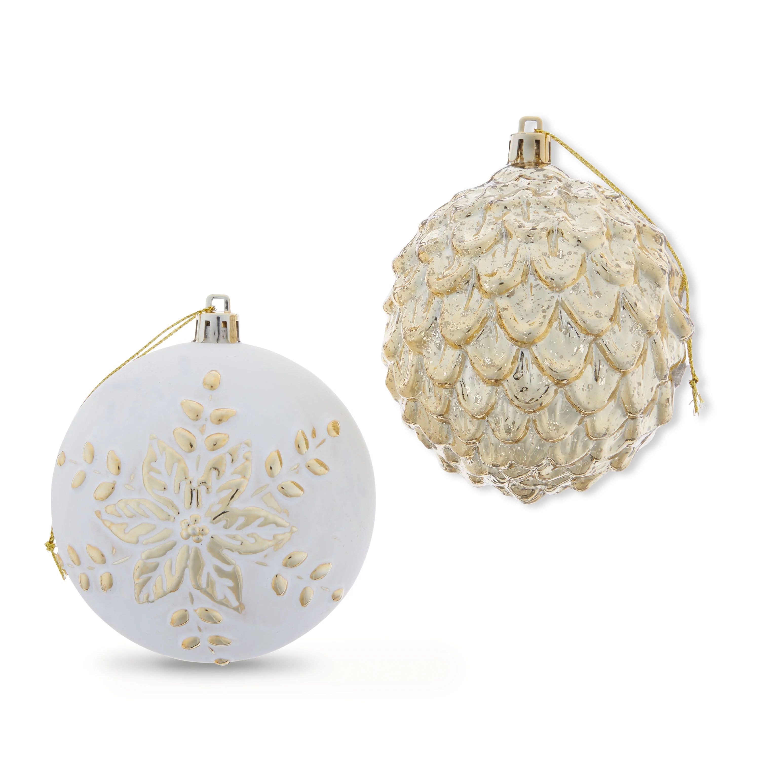 Gold Mercury Pinecone Shape and Poinsettia Pattern Shatterproof Ball Ornament, 90 mm, 8 Count, by... | Walmart (US)