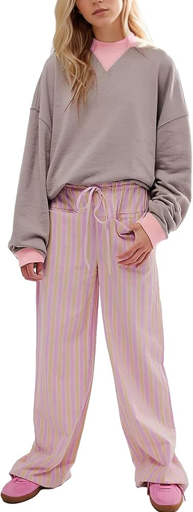 MISSACTIVER Women Drawstring Striped Pants Loose Wide Leg Trousers Comfy Low Waist Pants Casual L... | Amazon (US)
