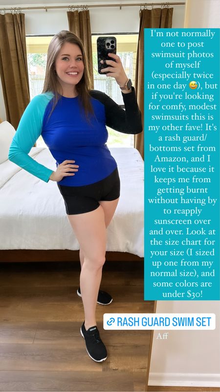 This is the cutest rash guard swim set! It comes in 40 colors, sizes XS-XXL, and also plus sizes 18-24! Check the size chart to find your size...I sized up one for this fit. It also has a built in shelf bra with sewn in cups. I love that it's modest and provides great sun protection! My sneakers are water shoes and an Amazon find, too! ///////
Amazon swim, Amazon swimsuit, Amazon find, swimsuit under $30, swimsuit under $50, mom swimsuit, plus size swimsuit, rash guard, plus size rash guard, modest swimsuit, target swimsuit, rash guard under $50, rash guard under $30, colorful swimsuit, flatting swimsuit, lake day, pool day, beach day, upf swimsuit, upf rash guard, best sunscreen, clean sunscreen, sun protection, upf shirt, shirt with upf, swimsuit with upf, cute water shoes, vacation outfit, water shoes under $30, black sneakers, black water shoes, full coverage swimsuit  

#LTKtravel #LTKunder50 #LTKswim
