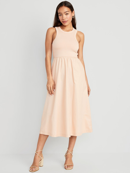 Fit & Flare High-Neck Combination Midi Dress for Women | Old Navy (US)