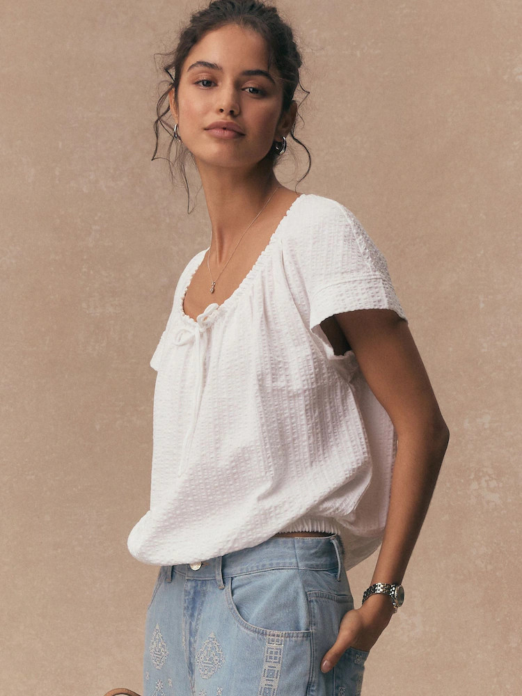White Short Sleeve Bubblehem Scoop Neck T-Shirt | Next US