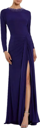 Long Sleeve Jersey Ruched Gown With Beaded Neck | Nordstrom