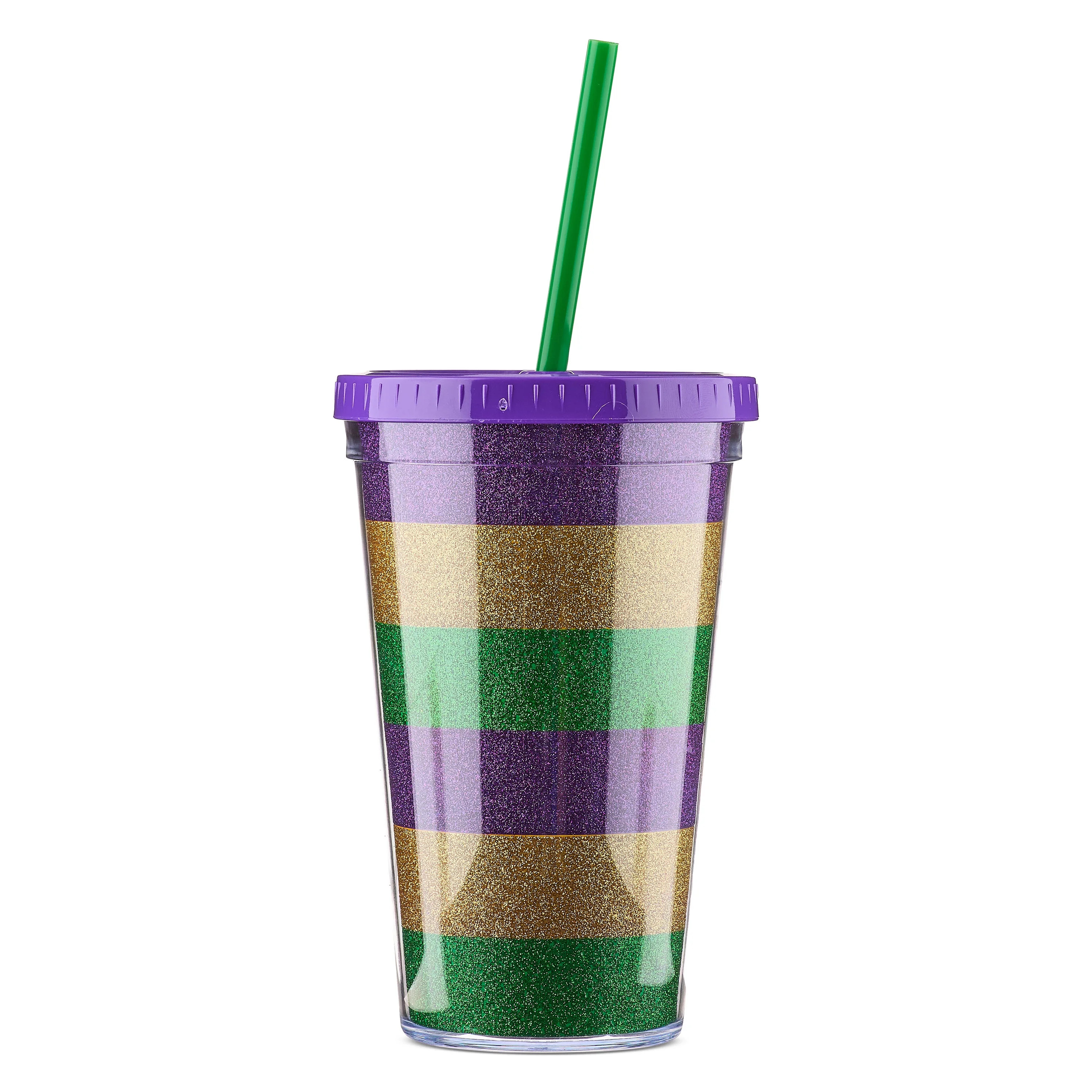 Mardi Gras Purple, Green & Gold Plastic Tumbler with Lid & Straw, 16 oz, by Way To Celebrate | Walmart (US)