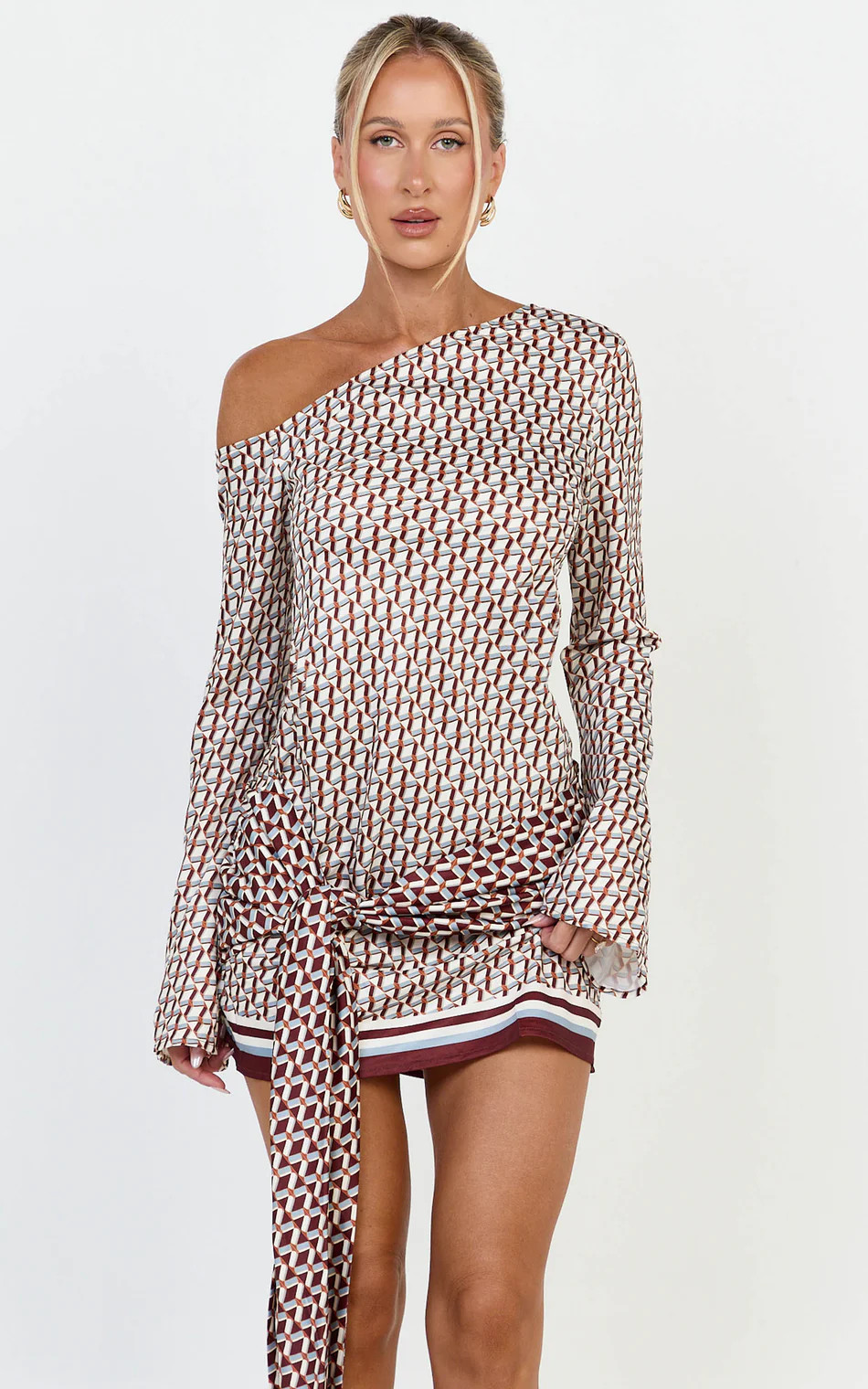 Geo Print Off Shoulder Tie Front Dress in Geo Border Print | Showpo (US, UK & Europe)