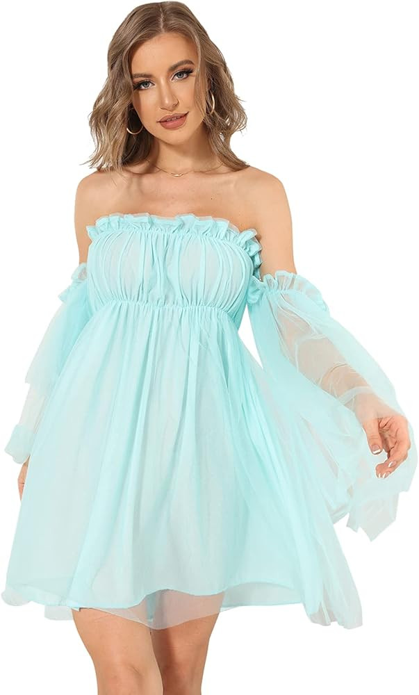 Halfword Off Shoulder Mini Dress for Women Flounce Long Sleeve Ruffle Mesh Party A-Line Short Dresse | Amazon (US)