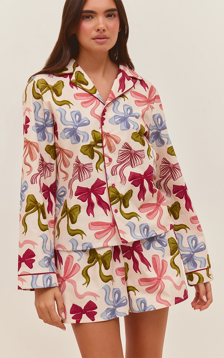 Christmas Bow Poplin Long Sleeve Top and Shorts PJ Set | PrettyLittleThing UK