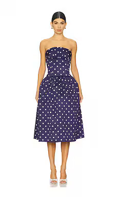 self-portrait Polka Dot Satin Midi Dress in Navy from Revolve.com | Revolve Clothing (Global)
