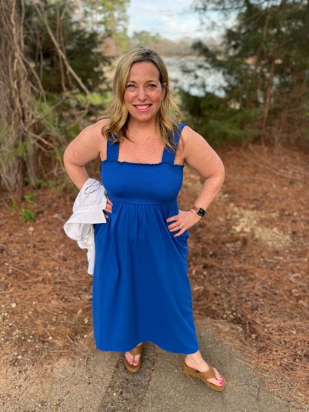 This smocked midi dress can be worn with or without a bra. Gorgeous travel outfit or cruise outfit! 

#LTKtravel #LTKover40 #LTKfindsunder50