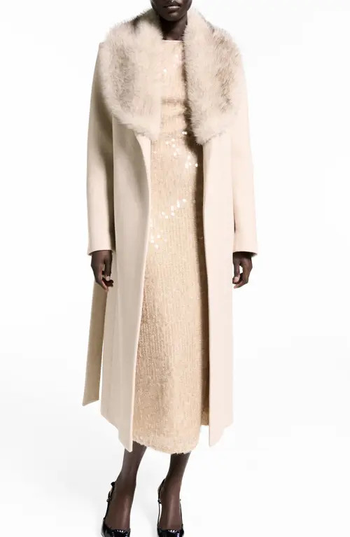 MANGO Dolce Wool Blend Wrap Coat with Removable Faux Fur Collar in Light/Pastel Grey at Nordstrom... | Nordstrom