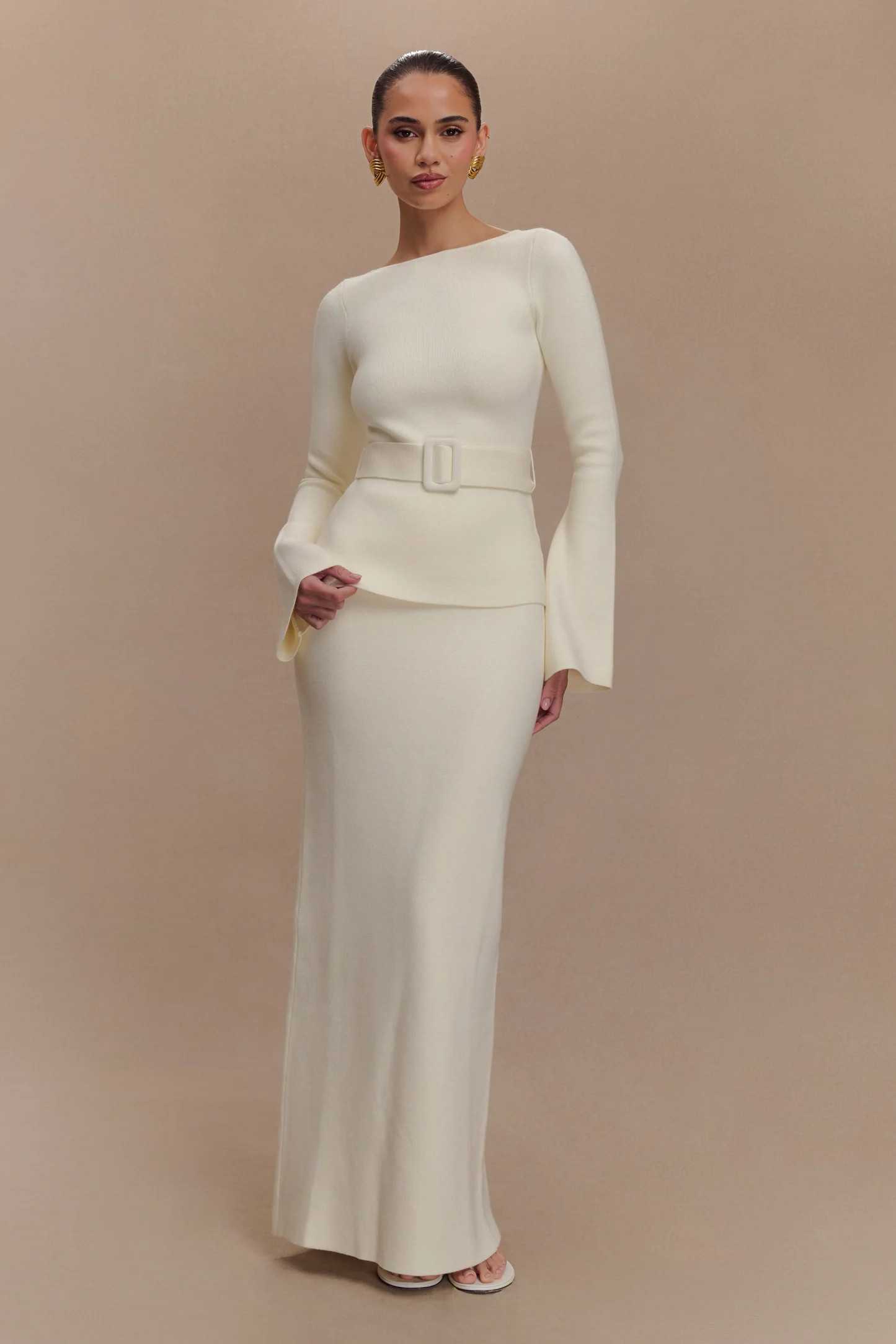 Justine Belted Knit Top - Ivory | MESHKI US