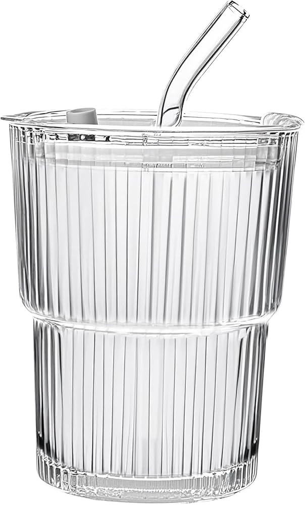 13oz/400ML Glass Tumbler with Straw and Lid Ribbed Vertical Ice Coffee Cups Sealed Carry on for C... | Amazon (US)