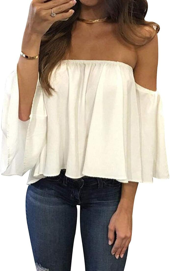 Bluetime Women Summer Off Shoulder Chiffon Blouses Ruffles Short Sleeves Sexy Tops Casual T Shirt... | Amazon (US)
