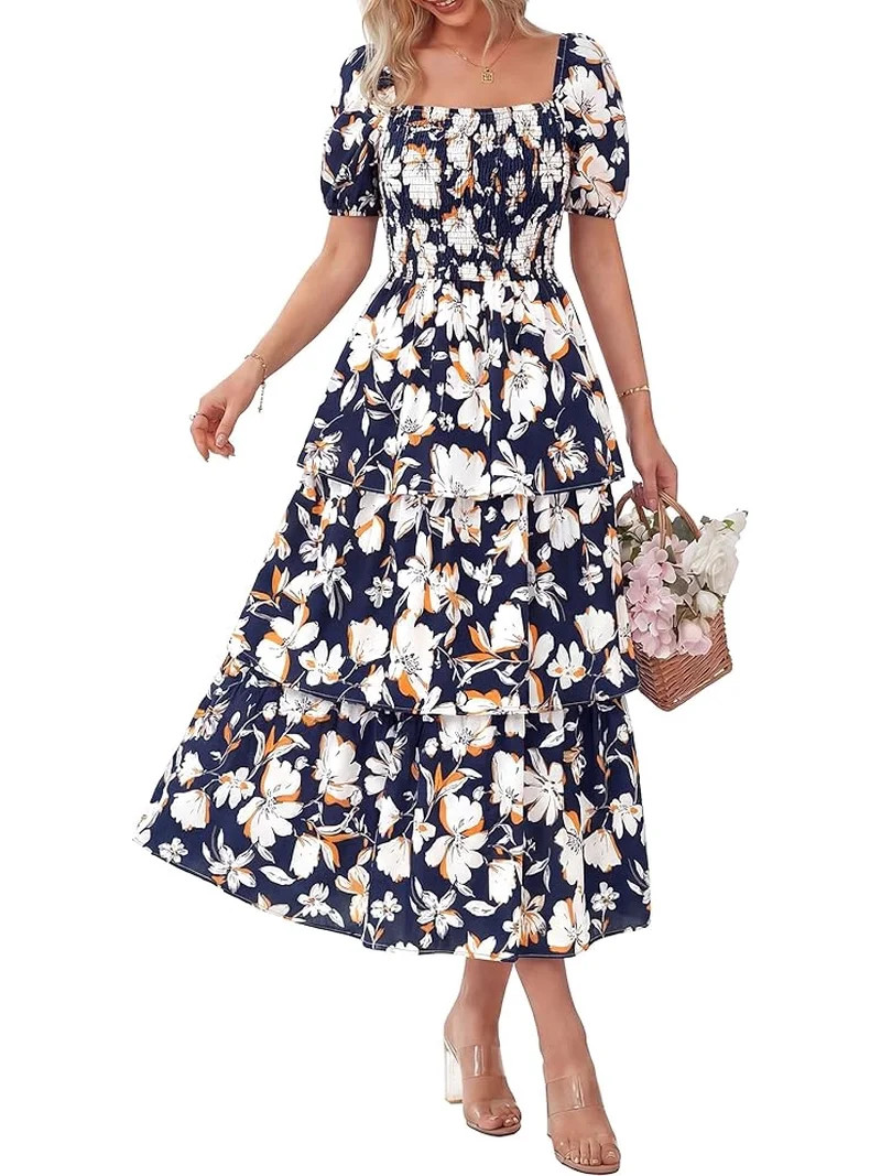 BTFBM Womens Square Neck Smocked Dress Summer Puff Short Sleeve Floral Casual Ruffle Tiered Maxi ... | Walmart (US)