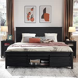 JXQTLINGMU Farmhouse Wood Bed Frame Queen Size with Sliding Barn Door Storage Cabinets and Headbo... | Amazon (US)