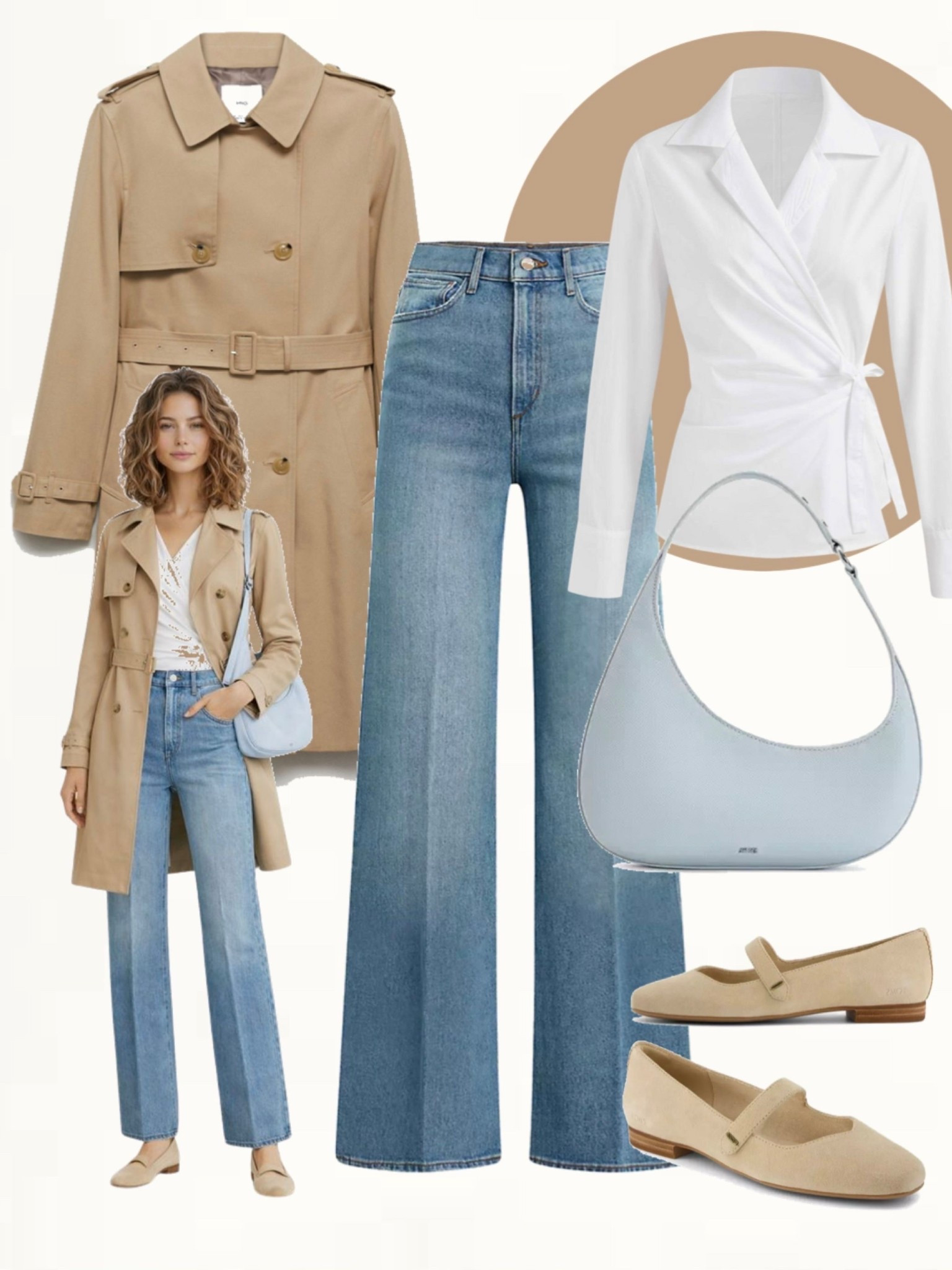 Beige trench coat with a white wrap shirt, light blue straight-leg jeans, soft beige Mary Jane flats, and a light blue shoulder bag.
#casualchic #springstyle #everydayoutfit

#LTKOver40 #LTKSeasonal #LTKootd