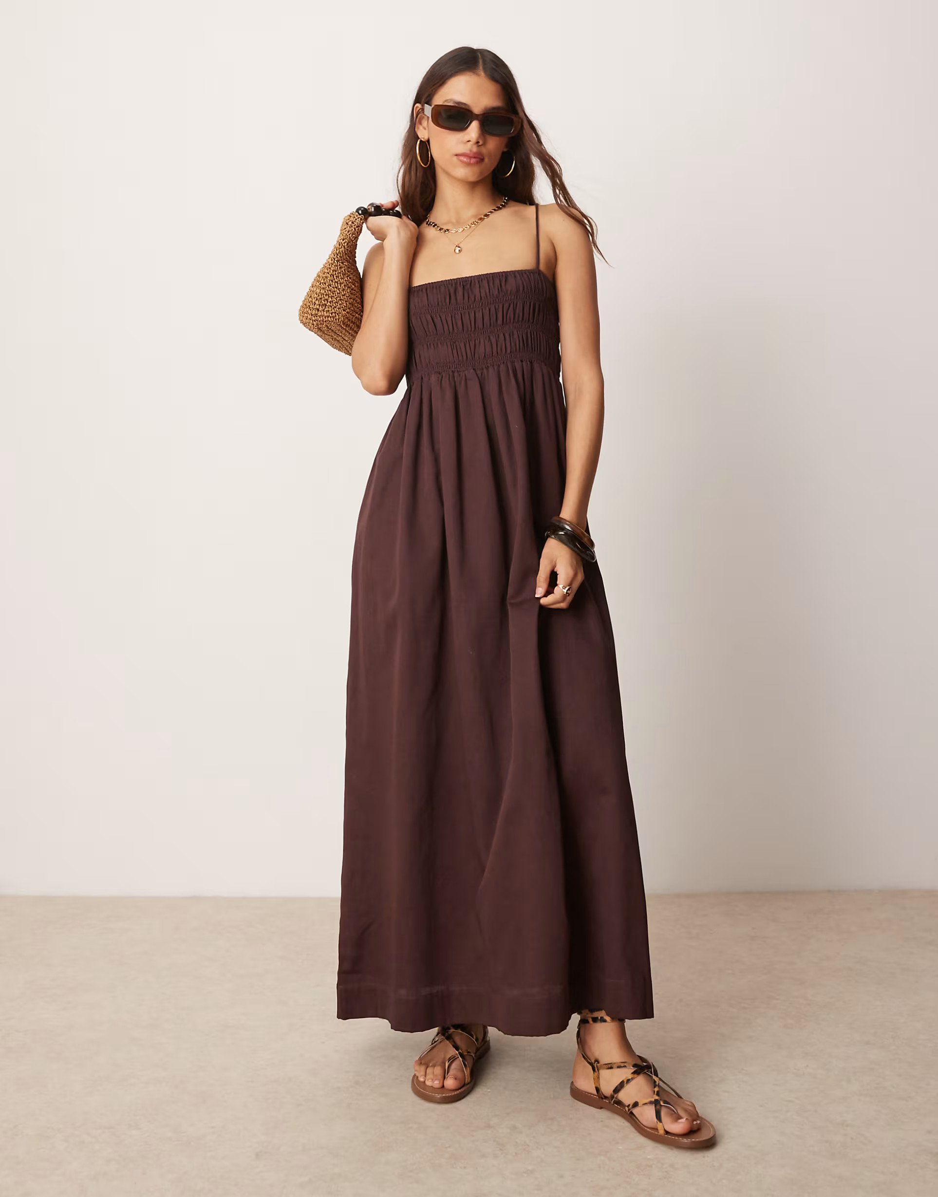 ASOS DESIGN shirred bust cotton sateen maxi dress in chocolate | ASOS (Global)