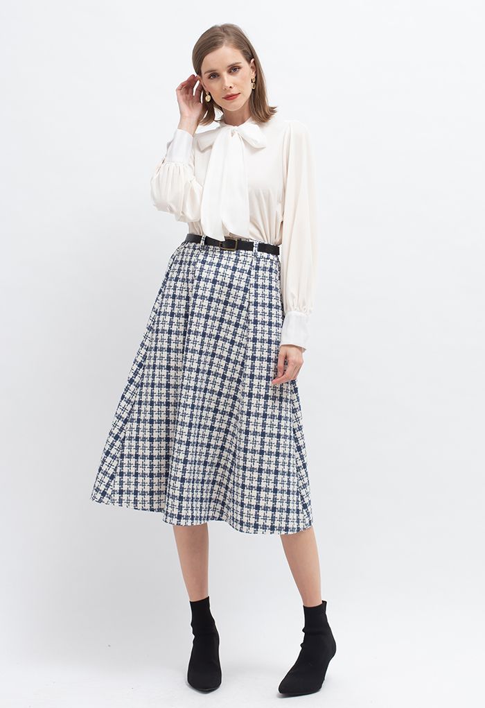 Shepherd's Check Belted Tweed Skirt in Blue | Chicwish