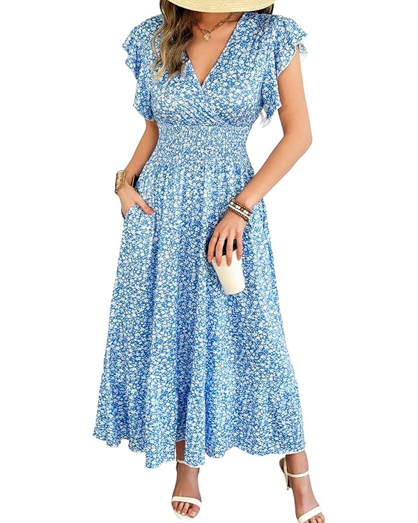 Women’s Maxi Floral Dress - Flutter Short Sleeve Wrap V-Neck Flowing A-Line Summer Dress with S... | Amazon (US)