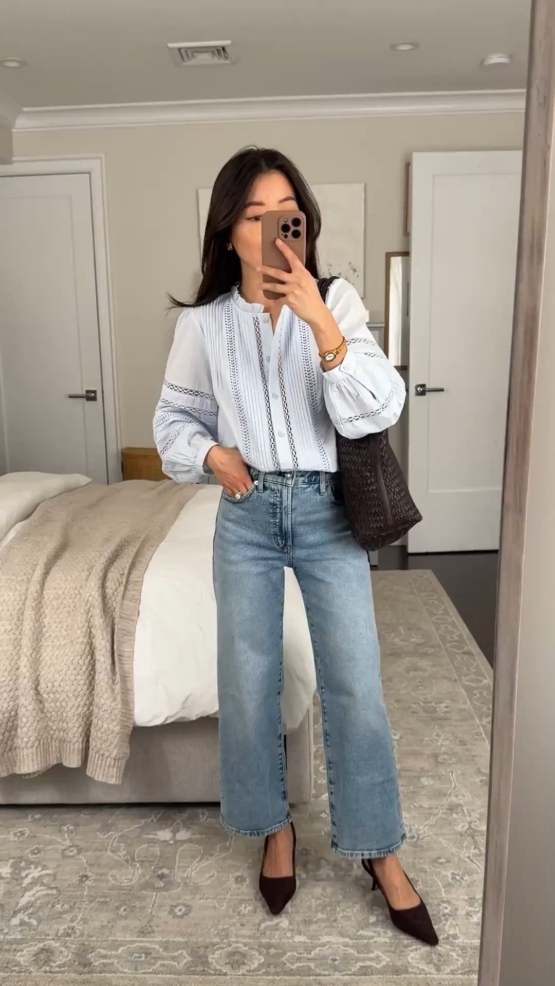 • these jeans are also fab in ivory.  Wide-Leg Crop Jean 24 short, TTS with a little stretch

• Lace-Insert High-Neck Pintuck Top xxs, lightweight cotton that still has nice shape

• Woven leather tote - My favorite work / mom / travel bag that fits my laptop and much more
• Sam Edelman kitten heels 5.5

Petite friendly jeans, easy mom outfit, spring summer cotton tops, smart casual workwear #LTKxMadewell

#LTKootd #LTKmomlife #LTKPetite #LTKPetite #LTKWorkwear
