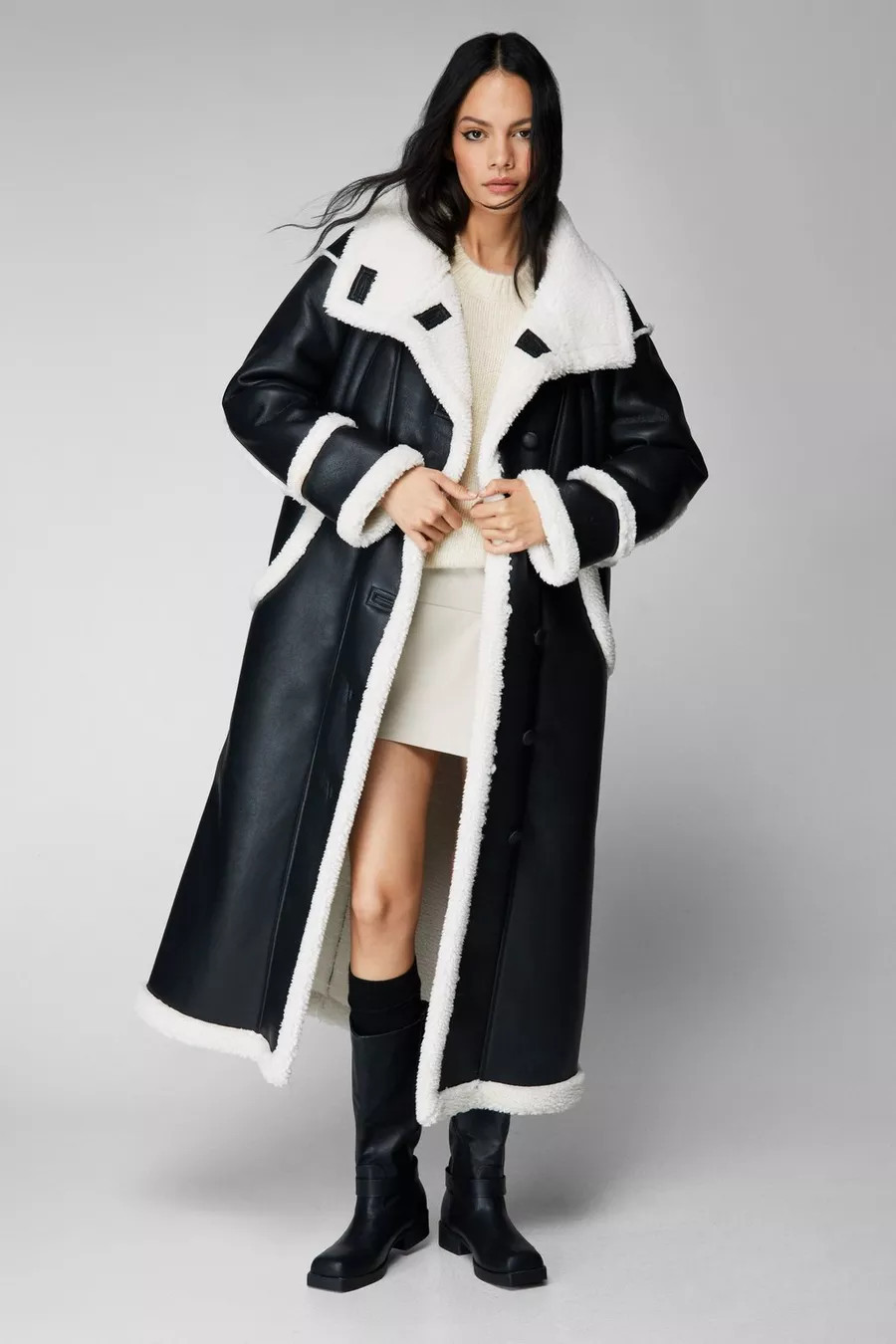 Longline Faux Leather Bonded Aviator Coat | Nasty Gal US