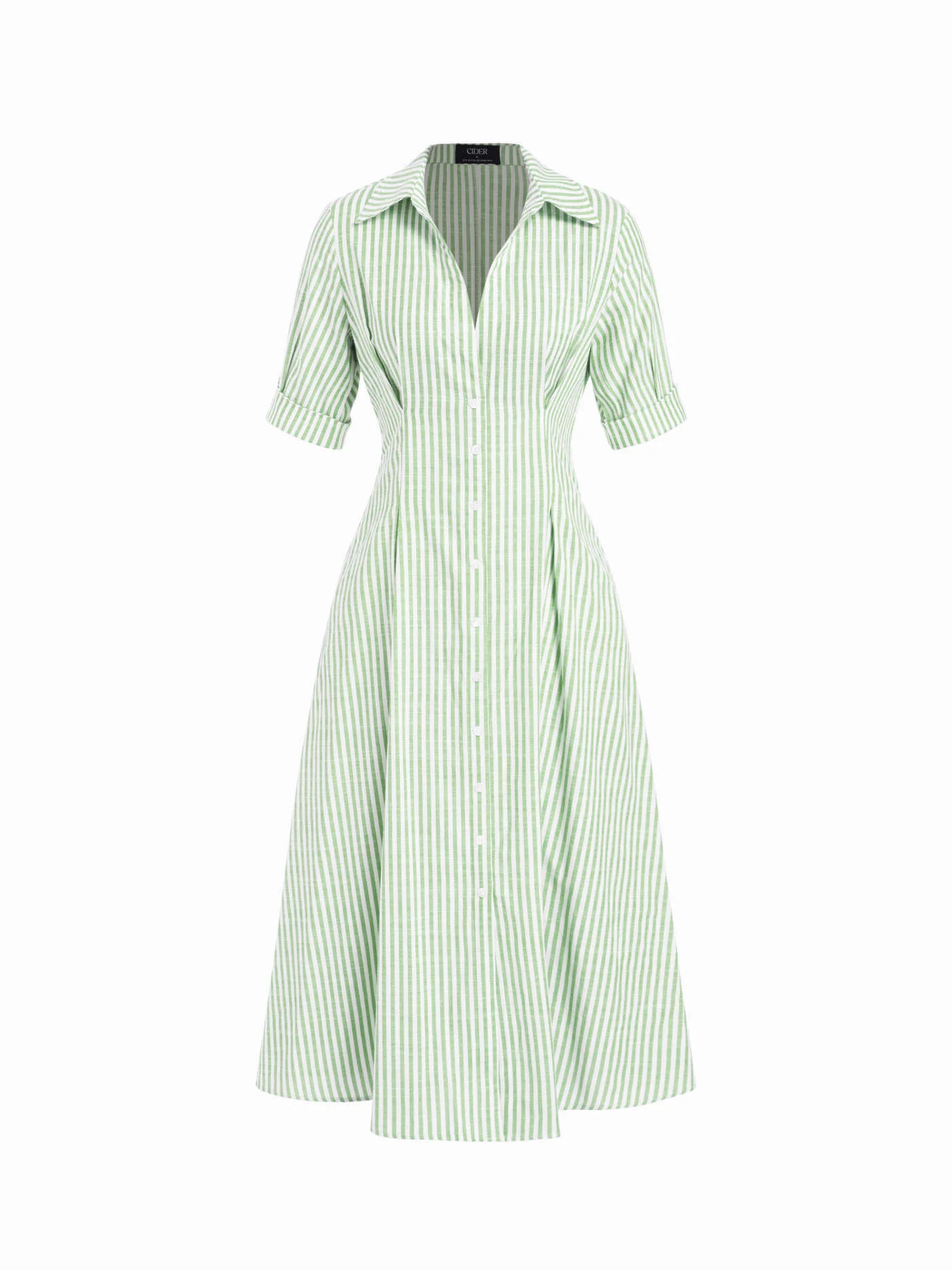 Woven Cotton-blend Striped Mid-length Sleeve Draped Shirt Maxi Dress For Daily Casual Work | Cider
