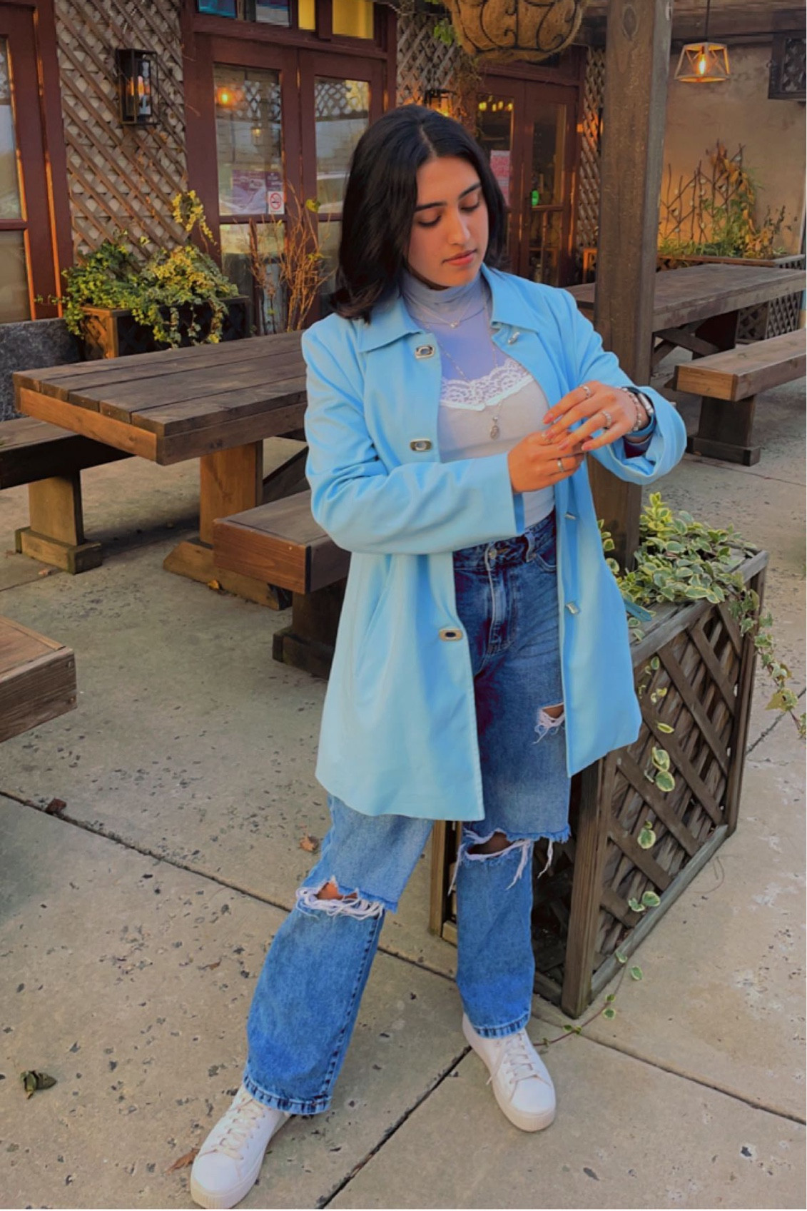 Talbots light blue trench coat twist lock button thermal turtleneck white spaghetti strap velvet lace tank top long sleeve sleeveless women’s distressed jeans ripped jeans blue denim religious jewelry catholic pendant winter layering bright blue cold weather outfit white vintage fila shoes platforms work outfit professional casual both going out chicago weather windy

#LTKfit #LTKGiftGuide #LTKHoliday