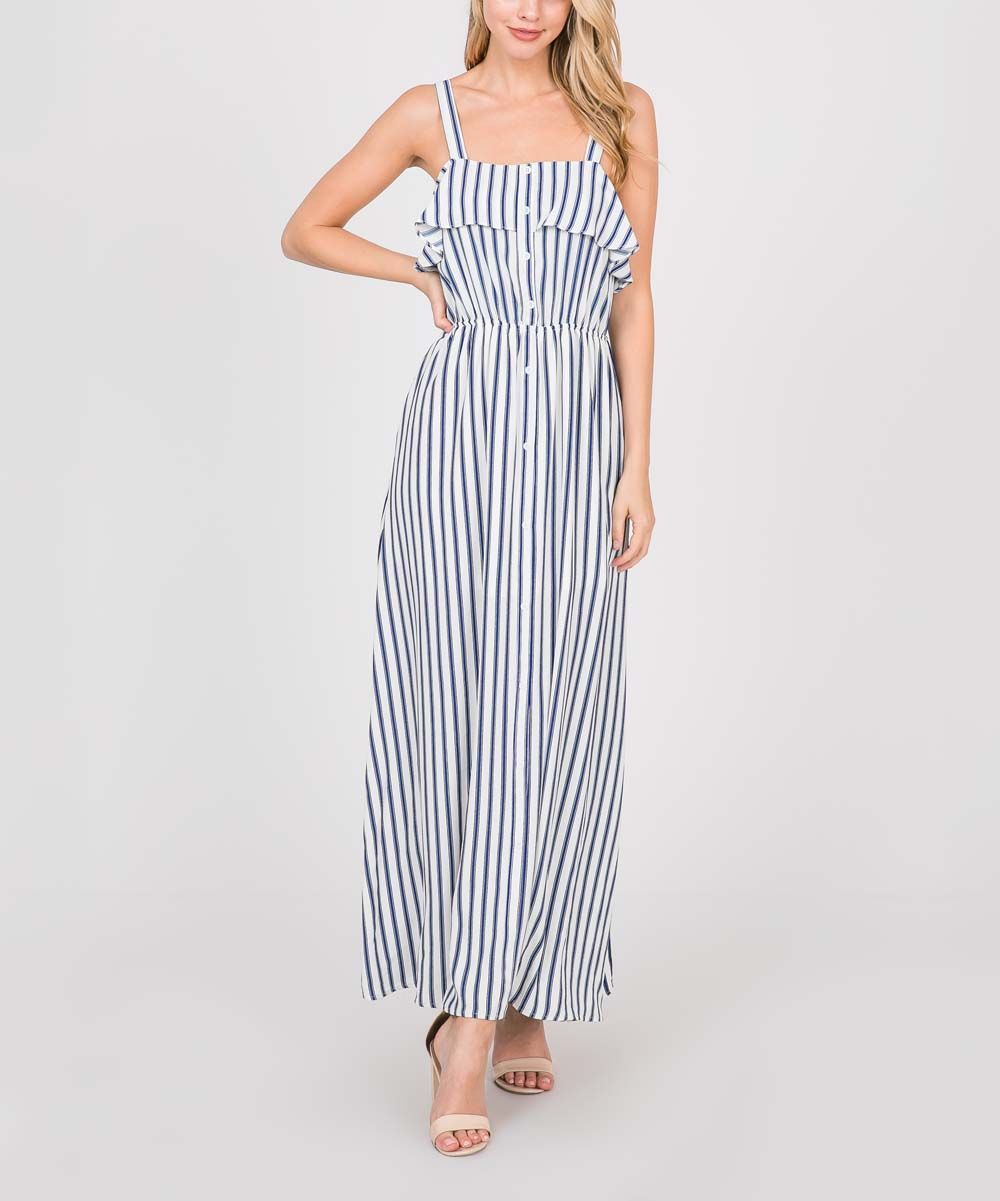 LARA Fashion Women's Maxi Dresses OFF - Off-White & Blue Stripe Ruffle-Accent Maxi Dress - Women | Zulily
