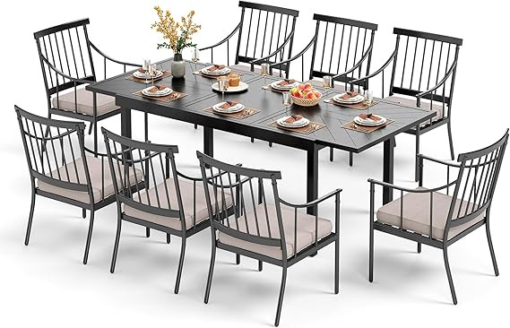 PHI VILLA 9 Piece Outdoor Dining Table Set for 8, Expandable Rectangular Wrought Iron Dining Tabl... | Amazon (US)
