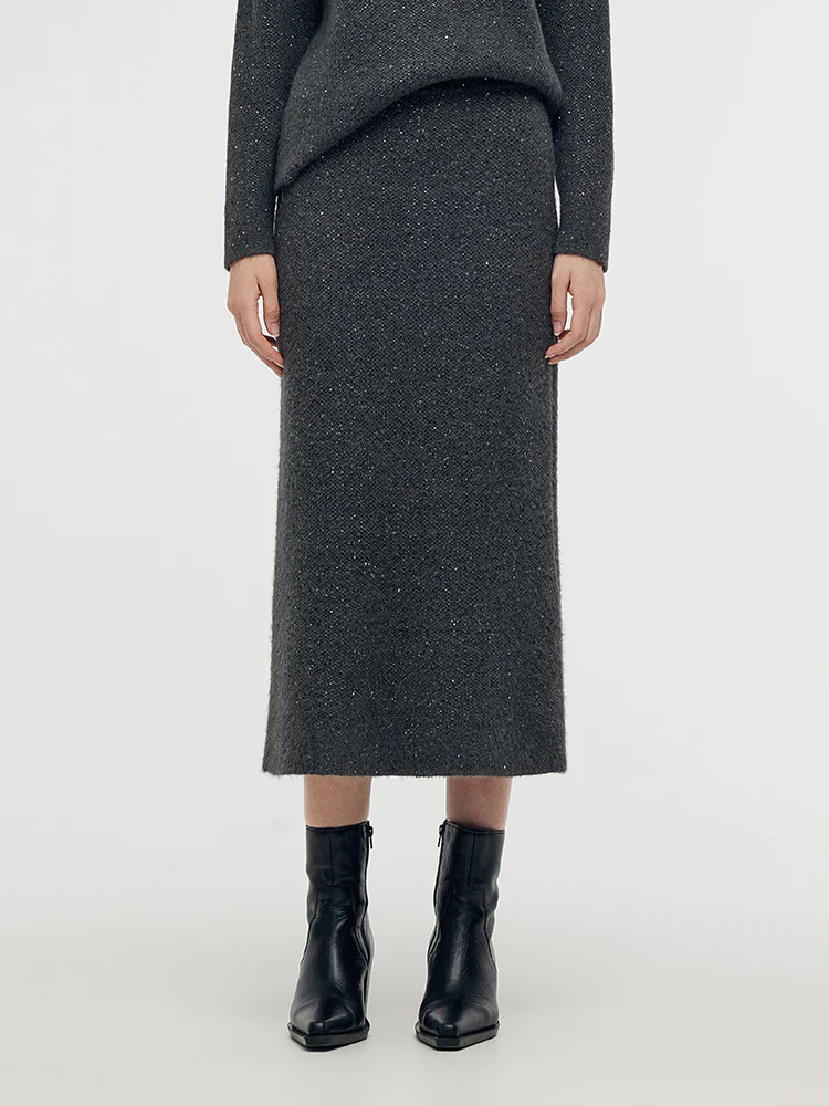 Mohair Wool Blend Sequins Women Midi Skirt | GOELIA