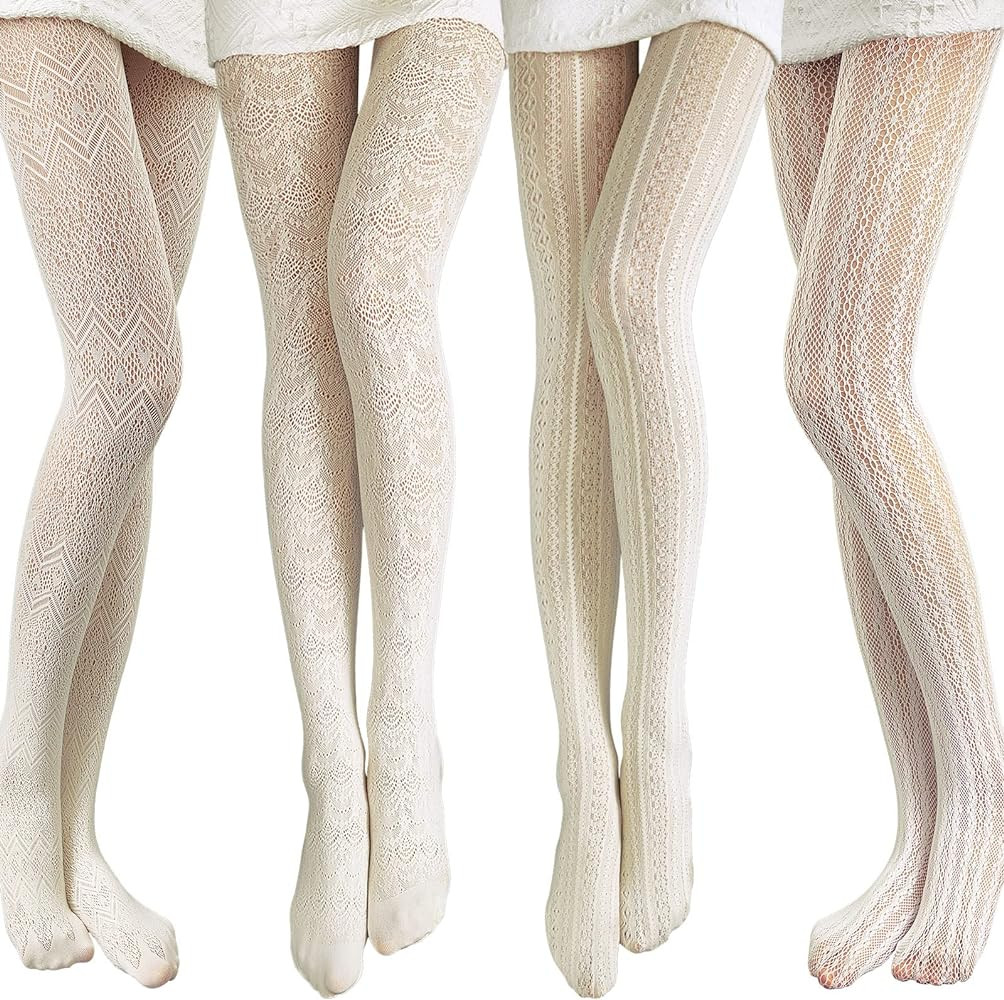 4 Pcs Women Fishnet Hollow out Knitted Patterned Tights Chiffon Lace Stockings Tights Vertical St... | Amazon (US)